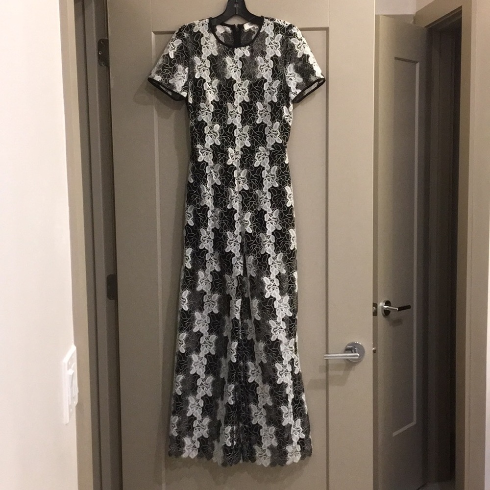 DVF black and white lace short-sleeve jumpsuit